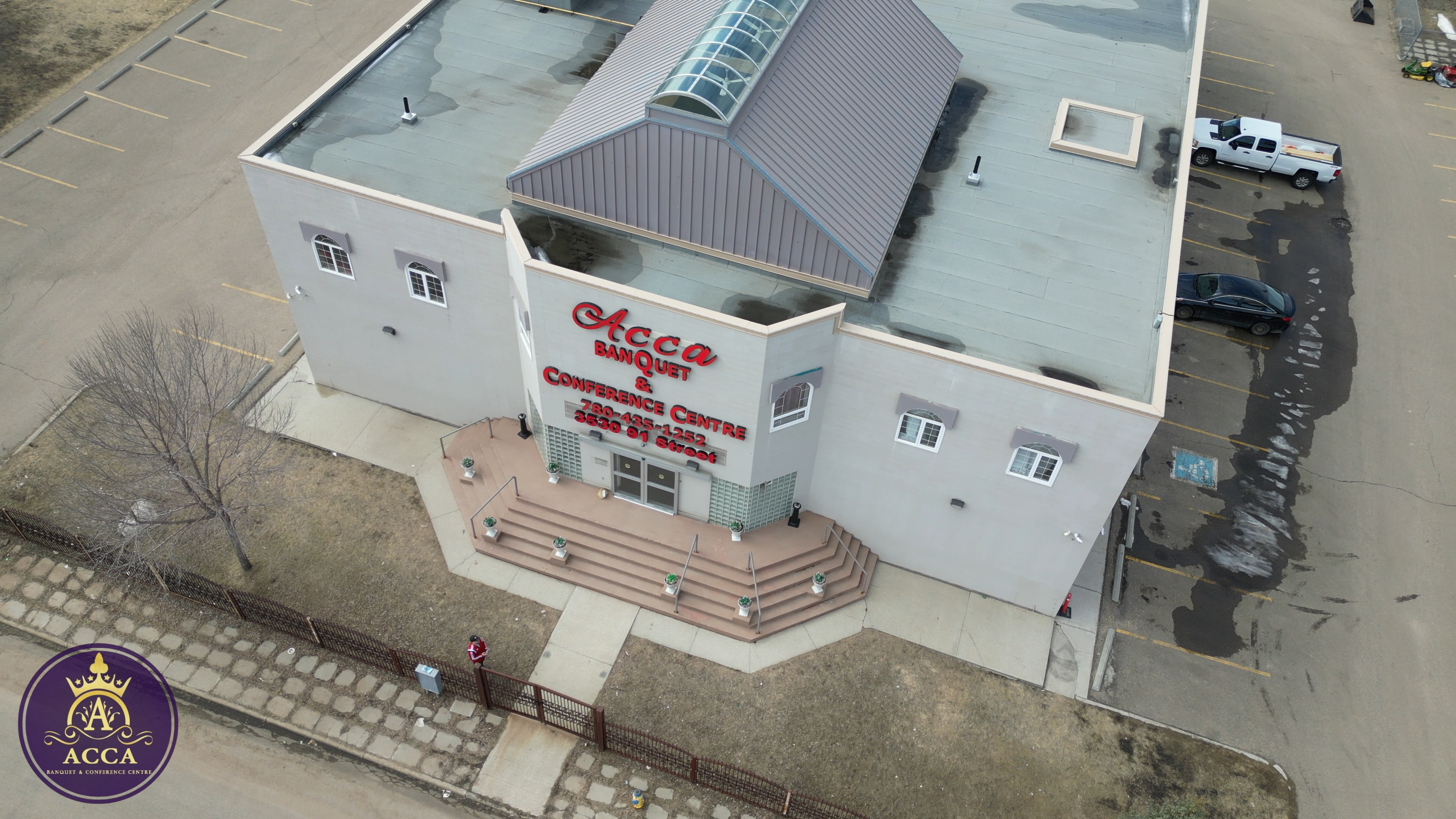 Aerial view of the ACCA Banquet & Conference Centre building and parking lot