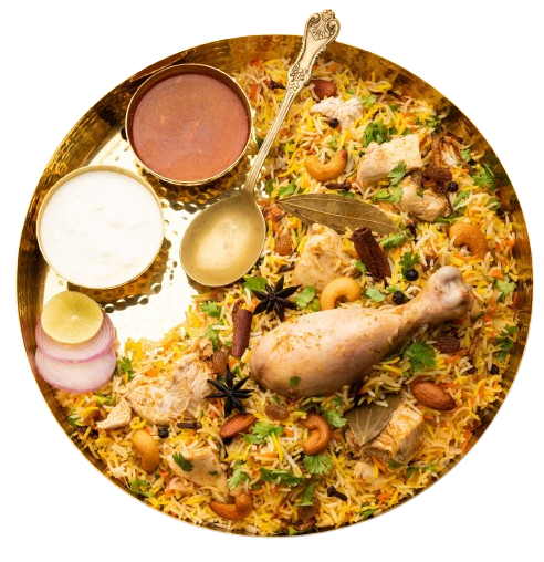 A biryani platter with raita, curry and sides