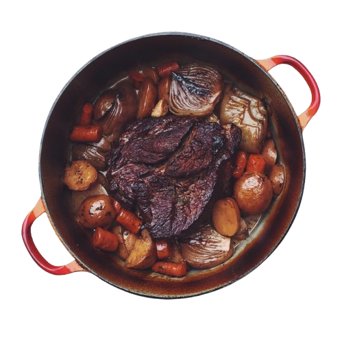 A slow-cooked beef pot roast with vegetables in a cast-iron pot