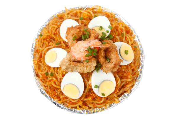 Pancit garnished with prawns and sliced egg