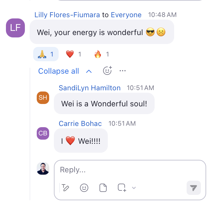 Group chat messages appreciating Wei's support and energy