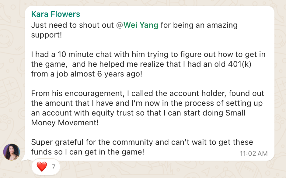 Kara Flowers sharing how a 30-minute call with Wei helped her find a path to use an old 401(k)