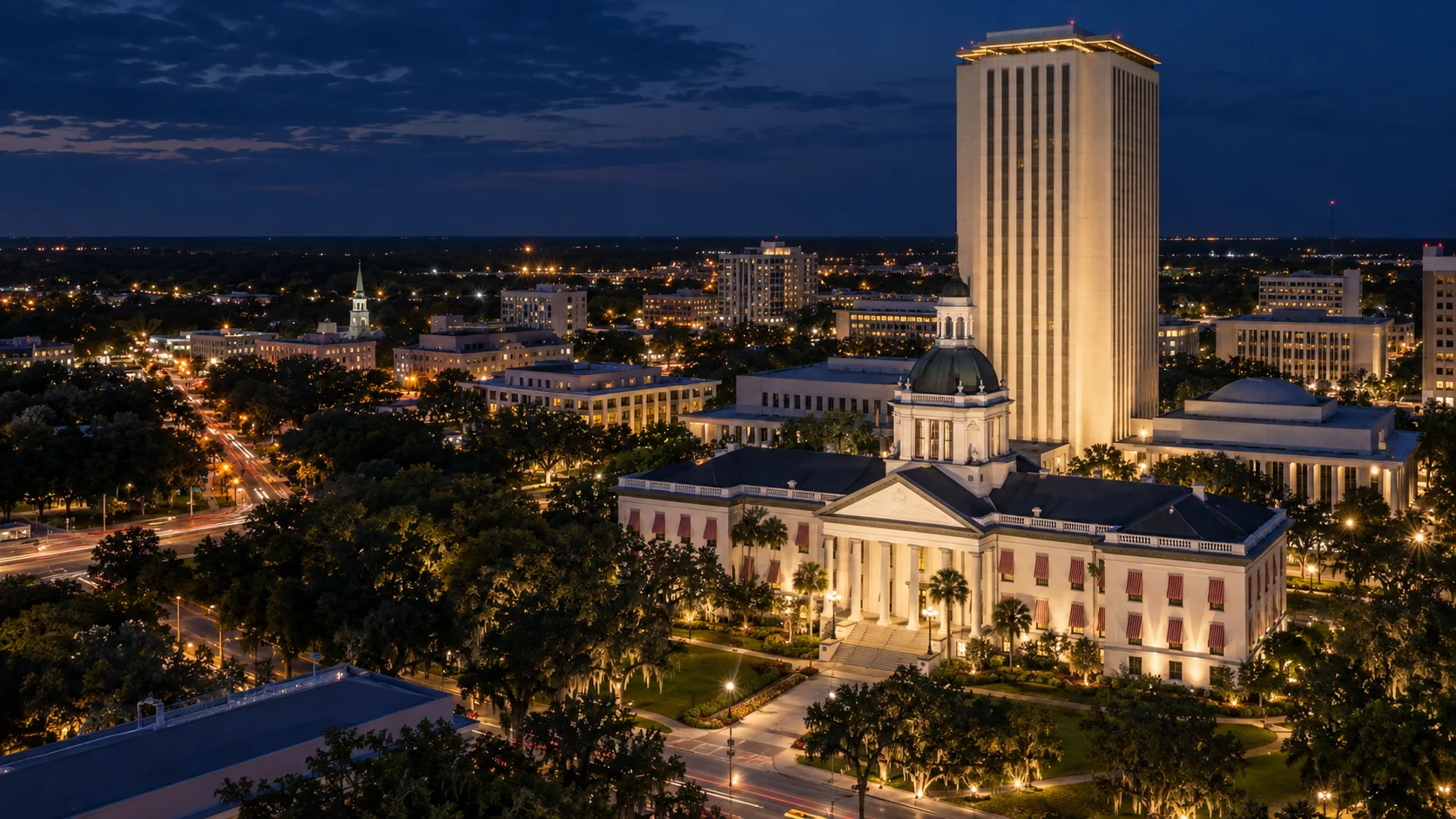 Downtown Tallahassee and the Florida State Capitol illuminated at night