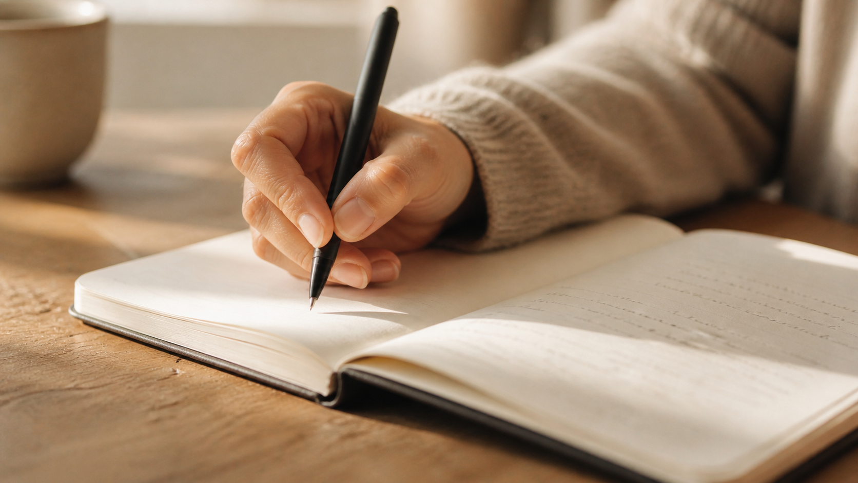 Hand writing in an open journal in soft natural light