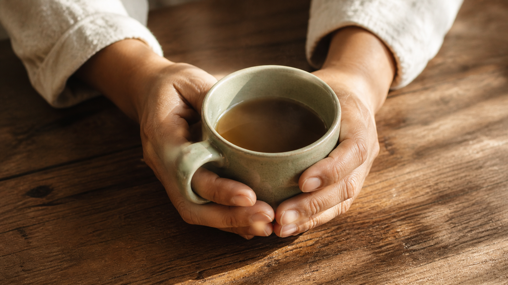 Hands cradling a warm sage ceramic mug