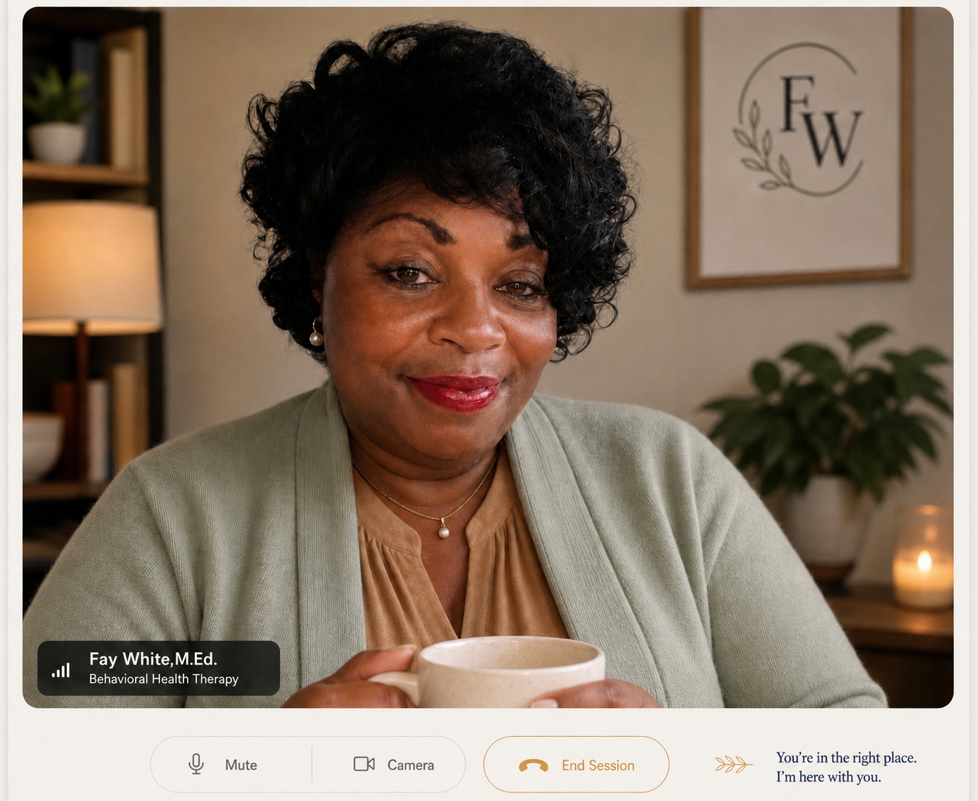 Fay White, M.Ed., in a virtual therapy session, holding a warm ceramic mug in her home office