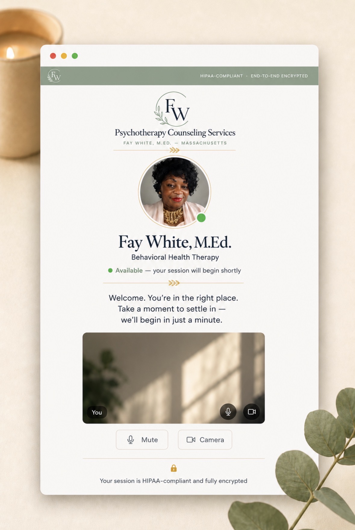 Welcome screen patients see when joining a virtual session with Fay White