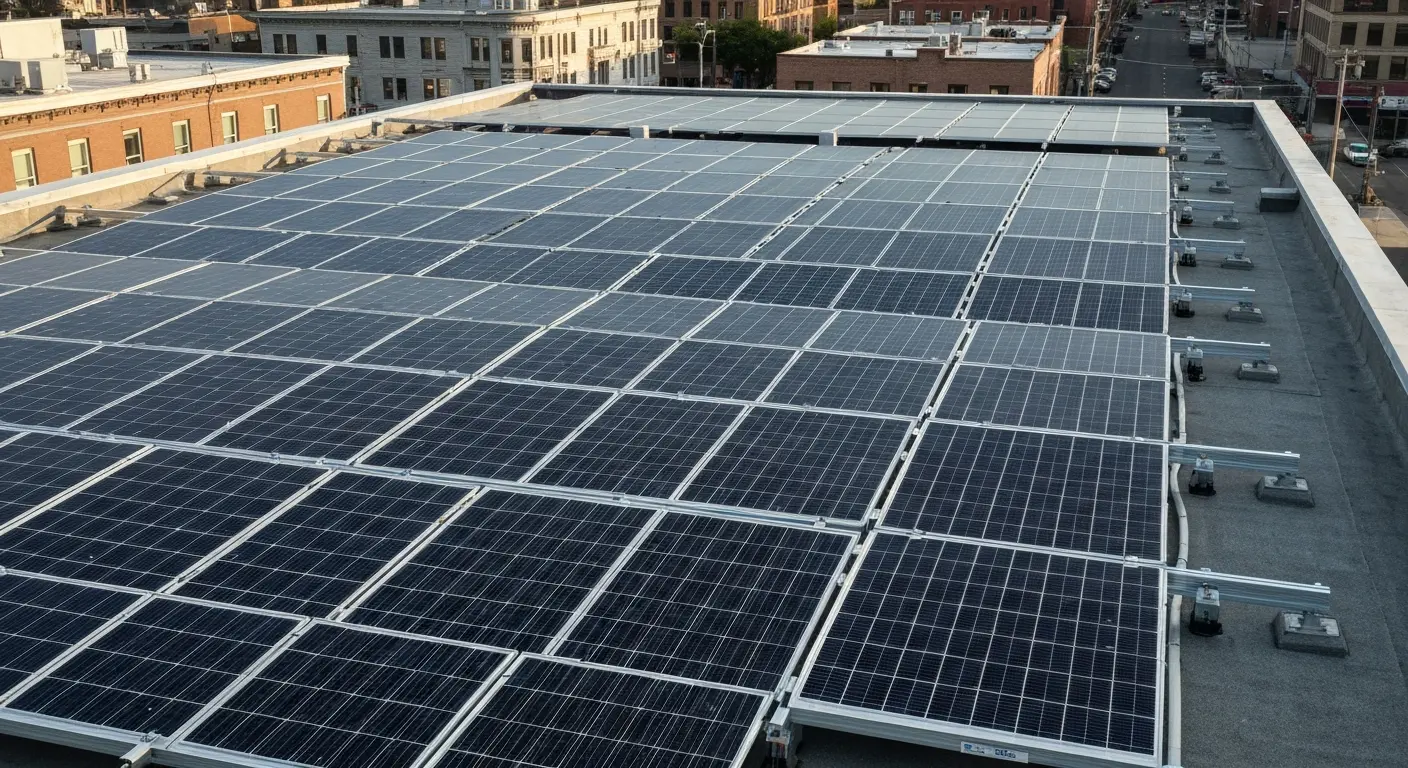 Commercial solar array on downtown building roof