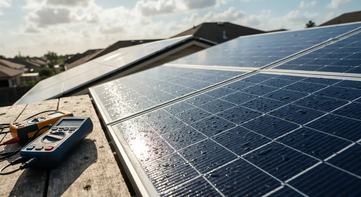 Technician inspecting solar panel system