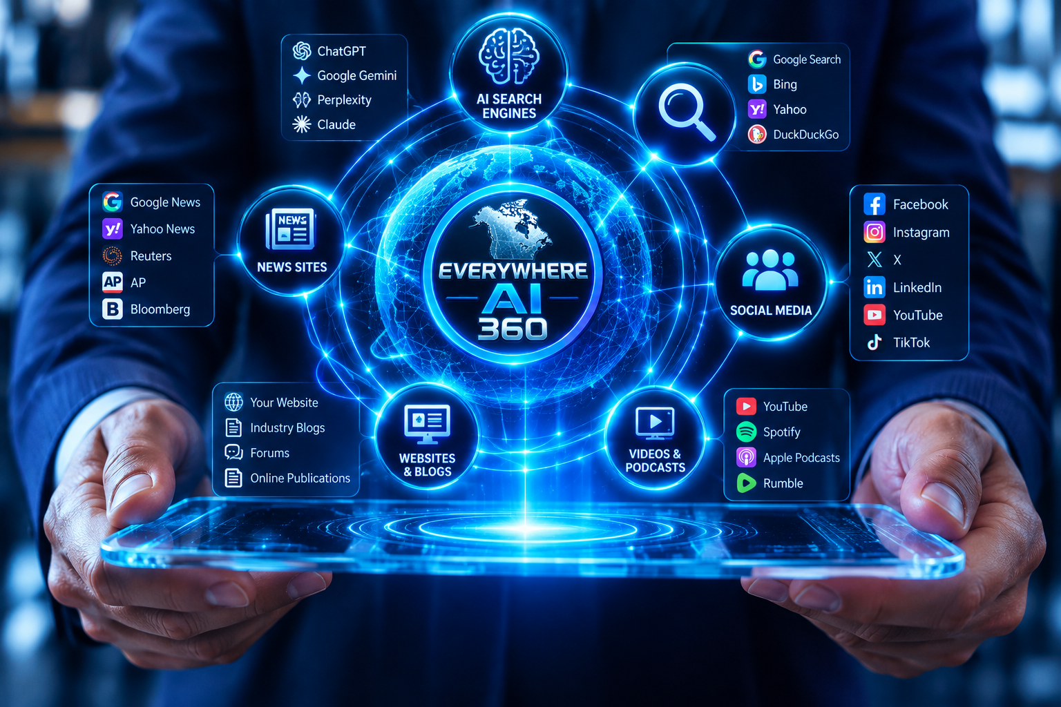 Everywhere AI 360 hub connecting AI search engines, search, social media, news sites, websites and video platforms