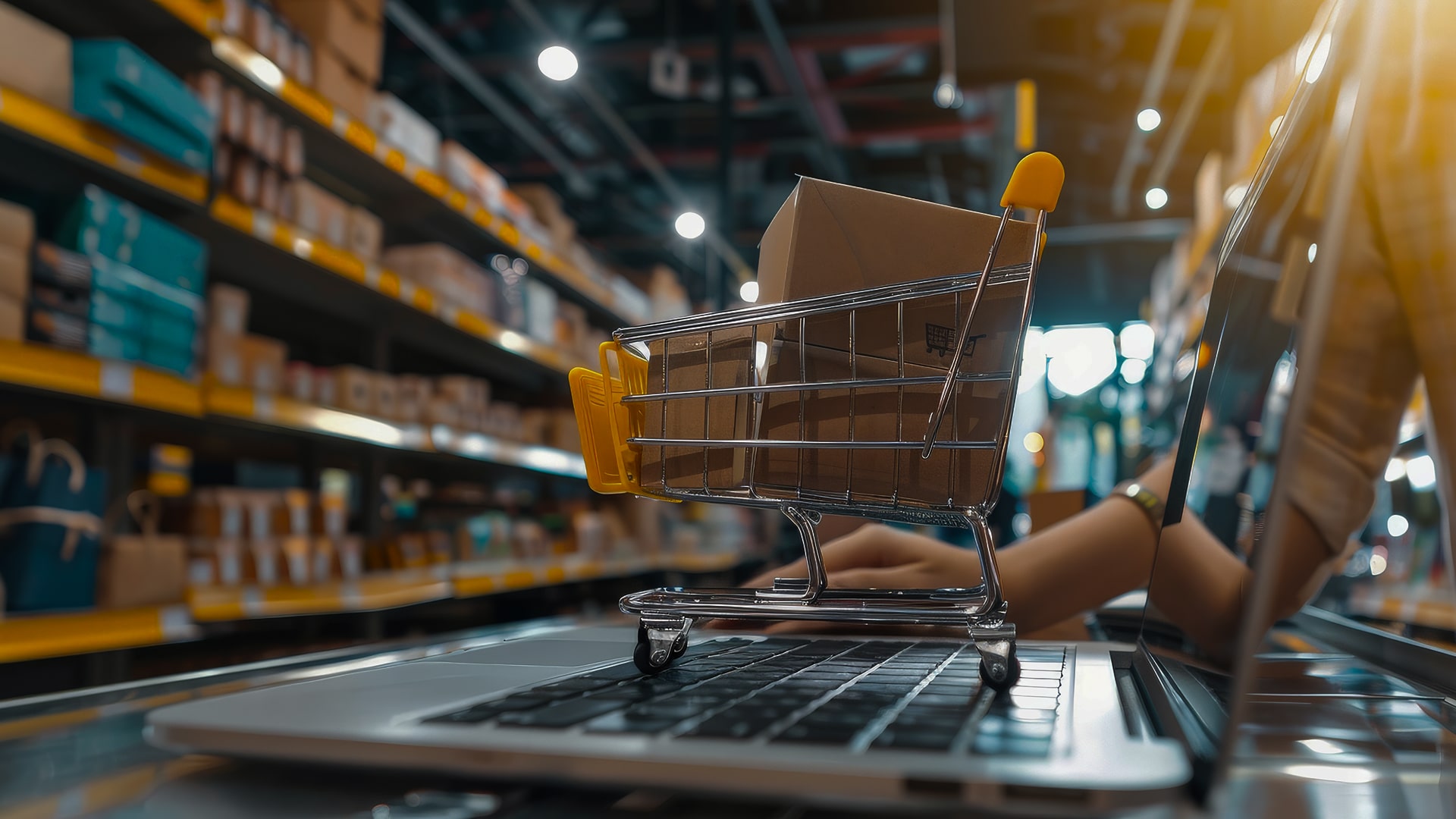 Warehouse worker with shopping cart and laptop