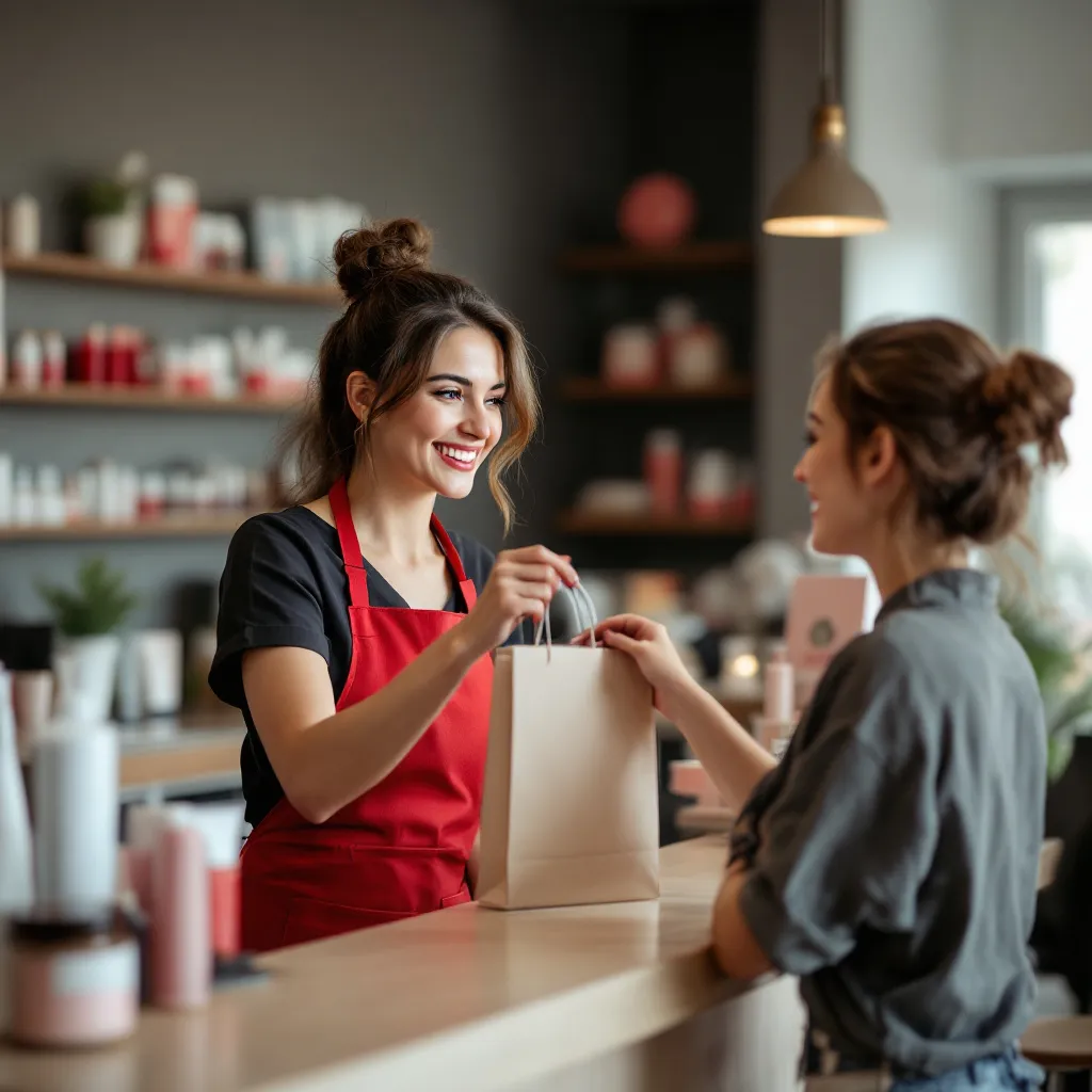 Smiling beauty professional in a red apron handing a shopping bag to a happy client at a salon counter
