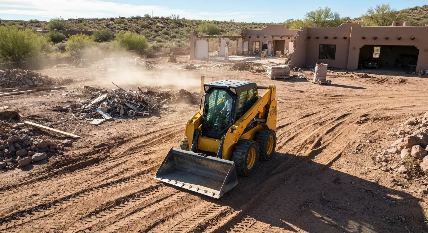 Skid steer with bucket attachment on commercial site