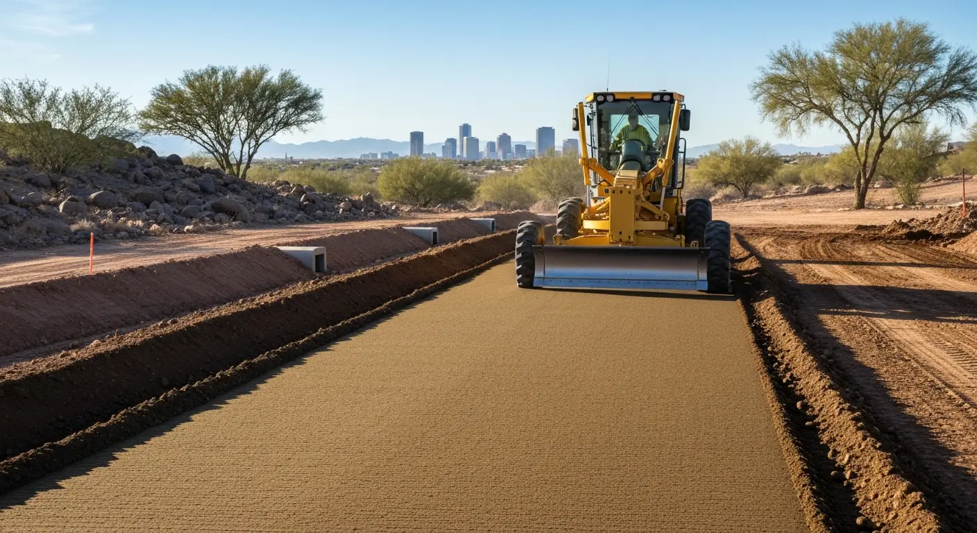 Motorgrader finishing final grade at North Phoenix site