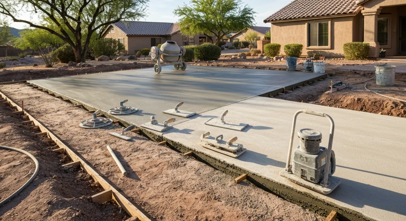 Concrete mixer and finishing tools on renovation site