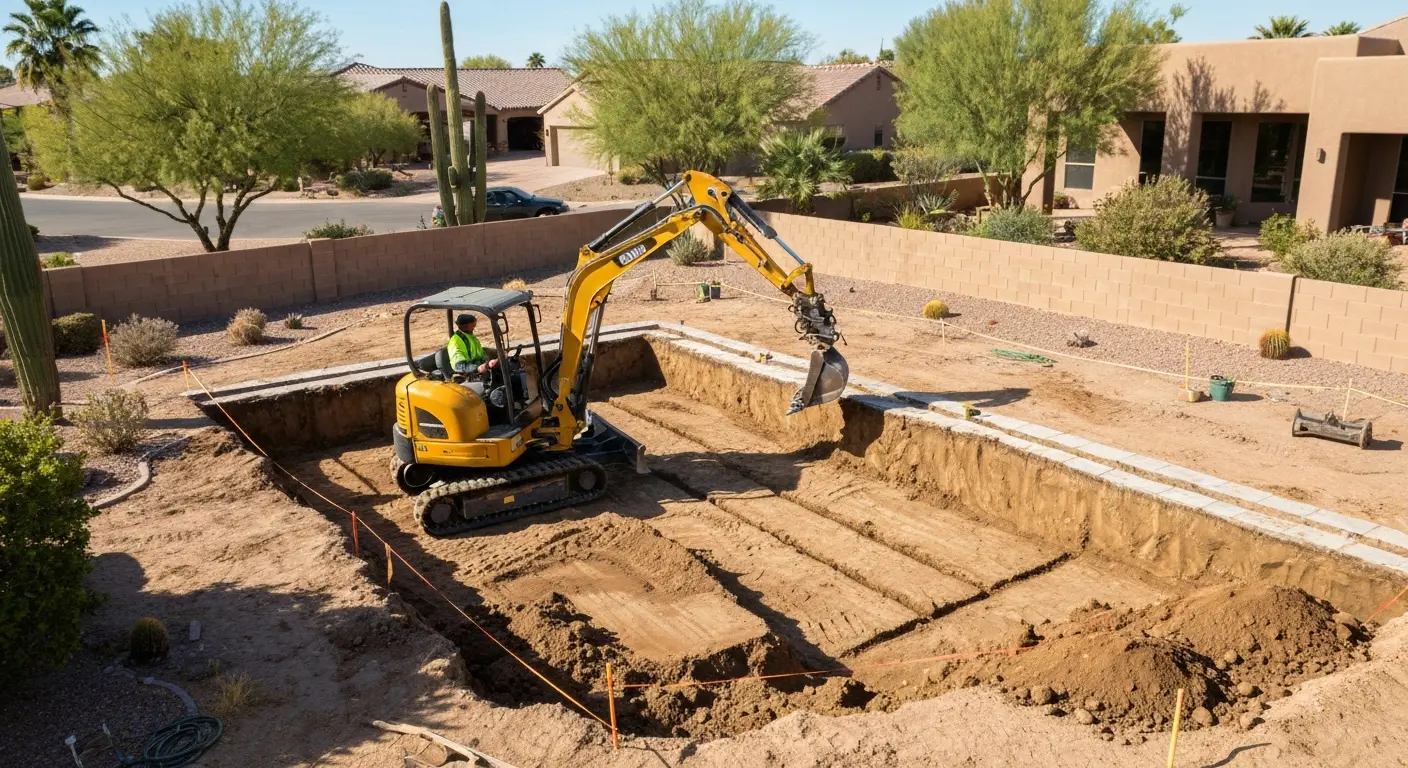 Mini excavator on residential pool project