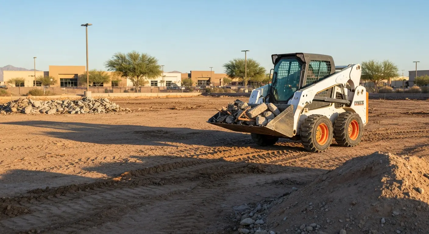 Skid steer clearing debris North Phoenix construction site