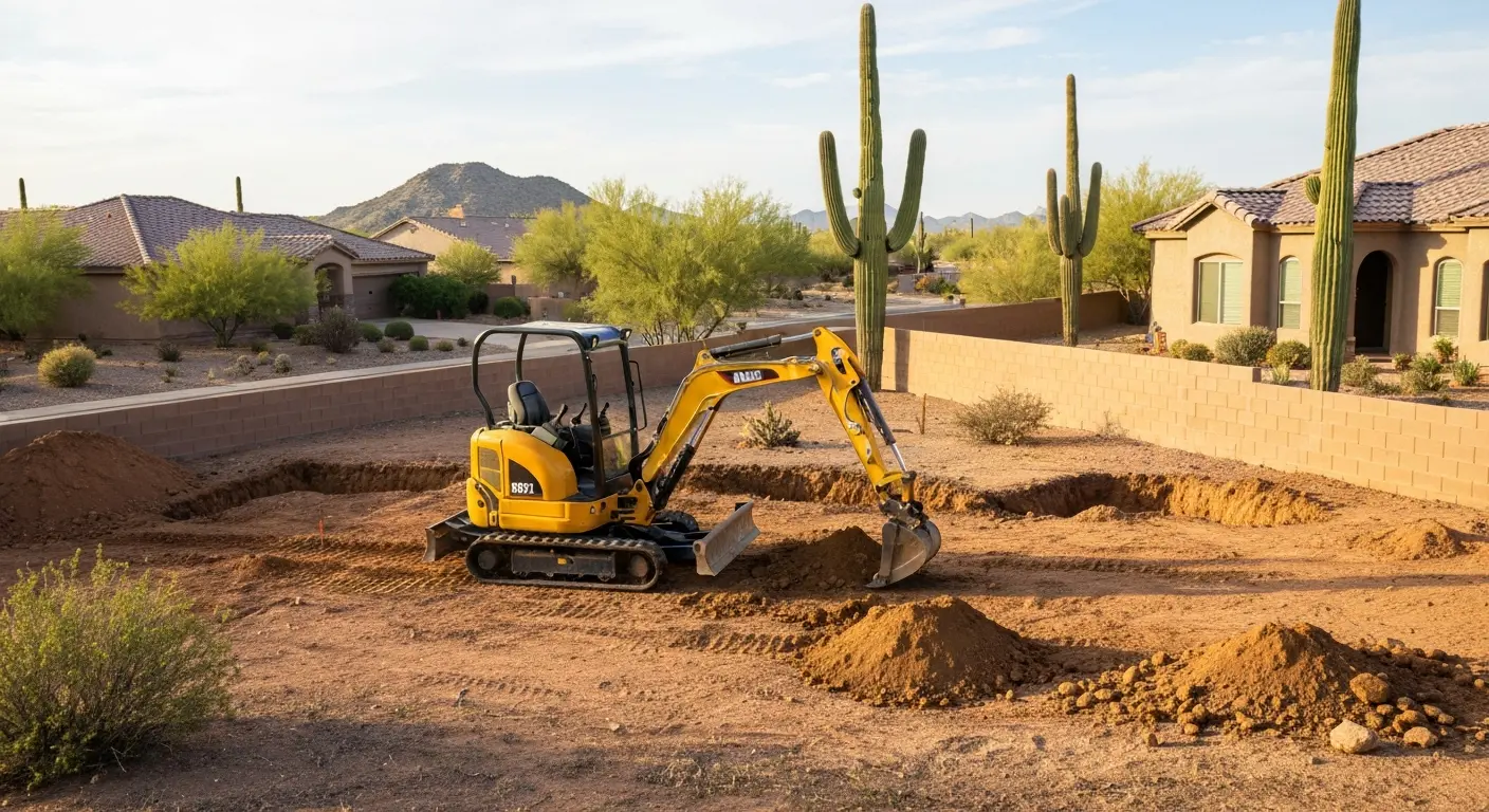 Mini excavator on residential lot