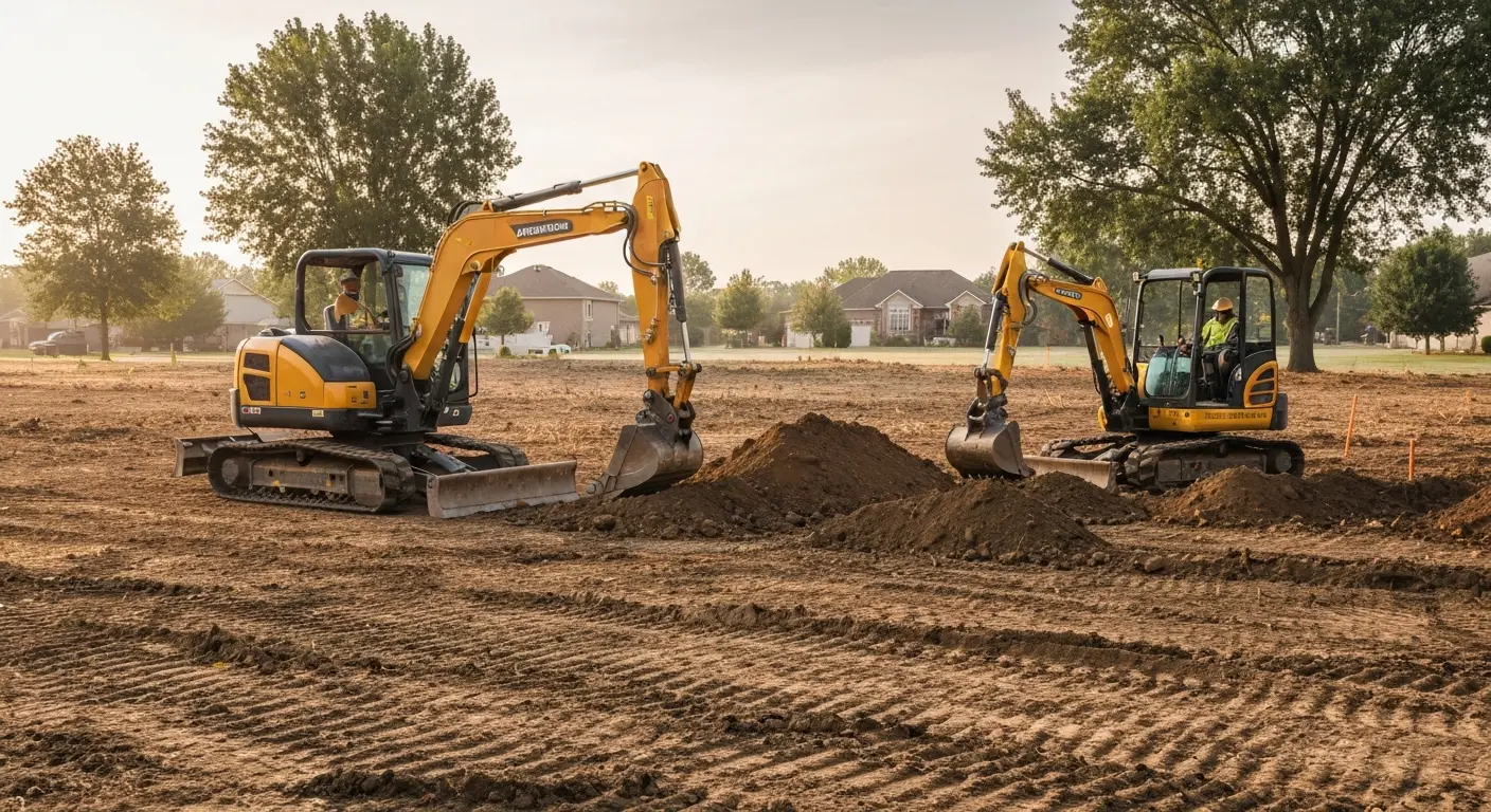 Excavator and mini excavator on job site