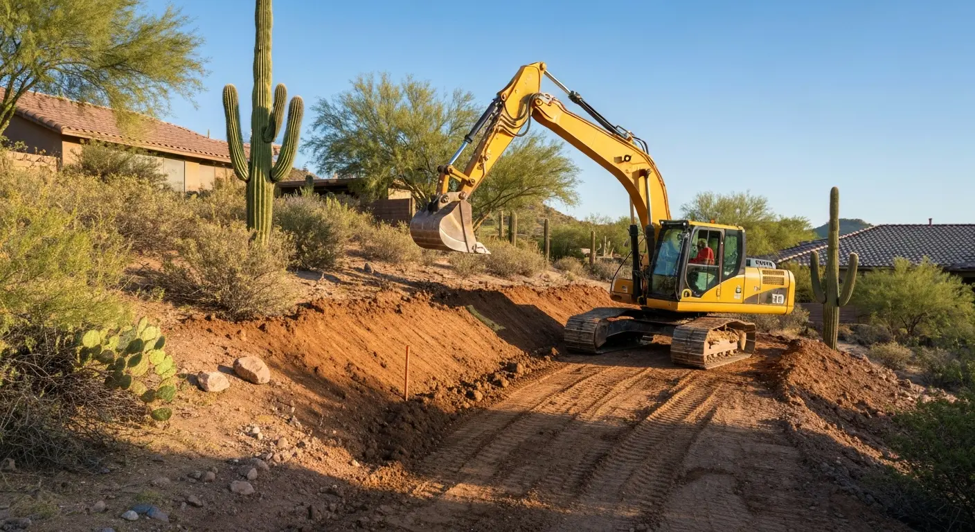 Excavator preparing slope for retaining wall
