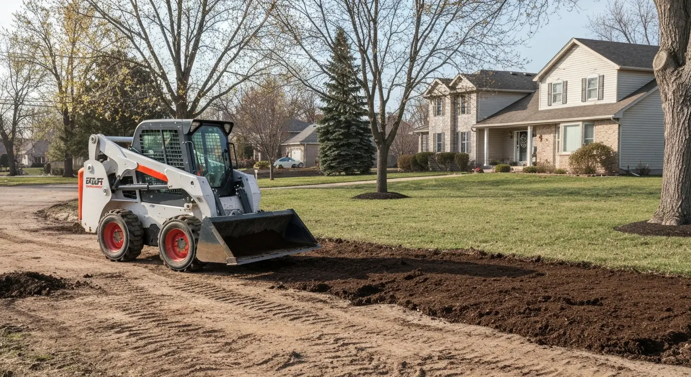 Skid steer loader performing landscaping work