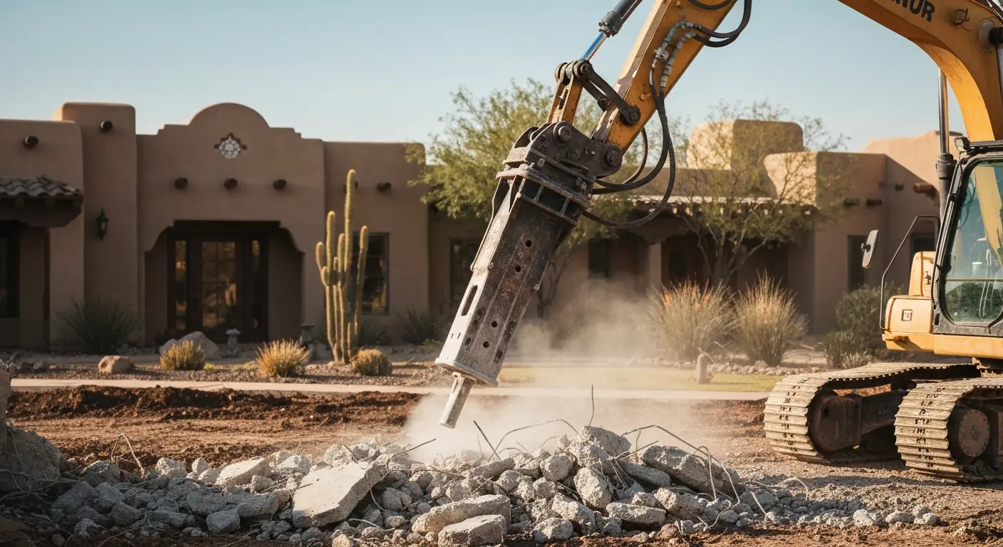 Excavator with hydraulic hammer for concrete breakup