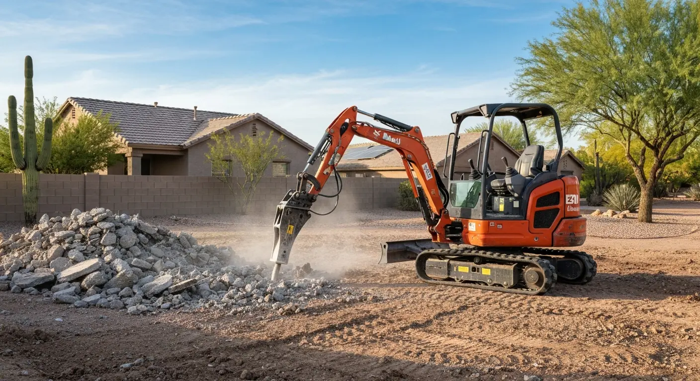 Mini excavator with concrete breaker attachment