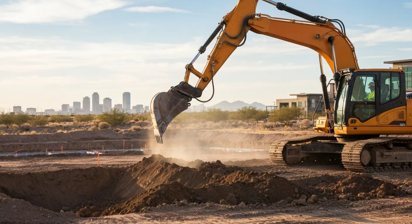 Large excavator for commercial foundation work