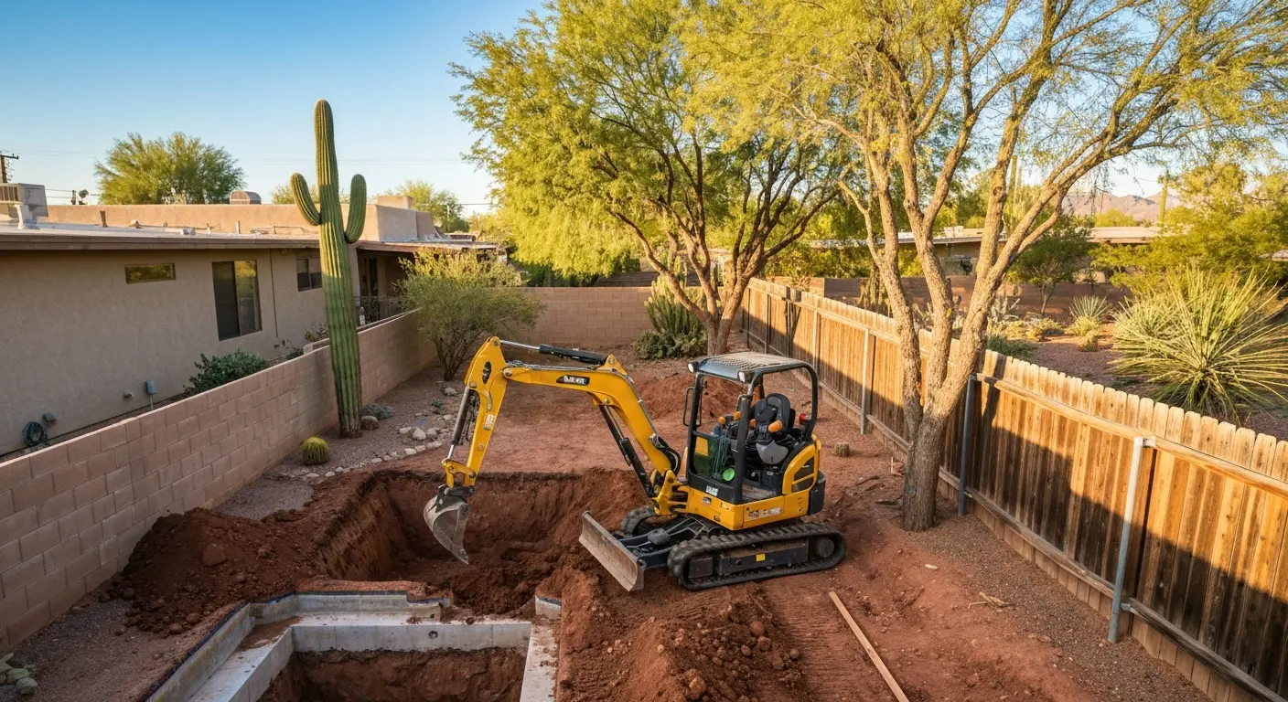 Mini excavator for residential pool excavation