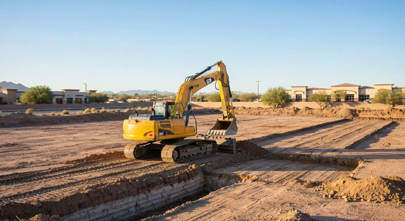 Full-size excavator on commercial site