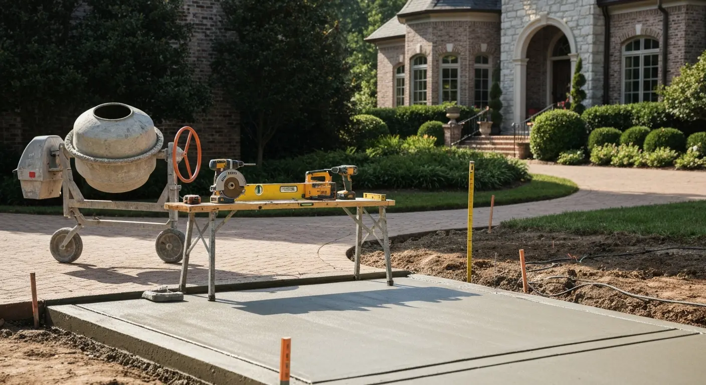 Concrete mixer and power tools on Biltmore home renovation