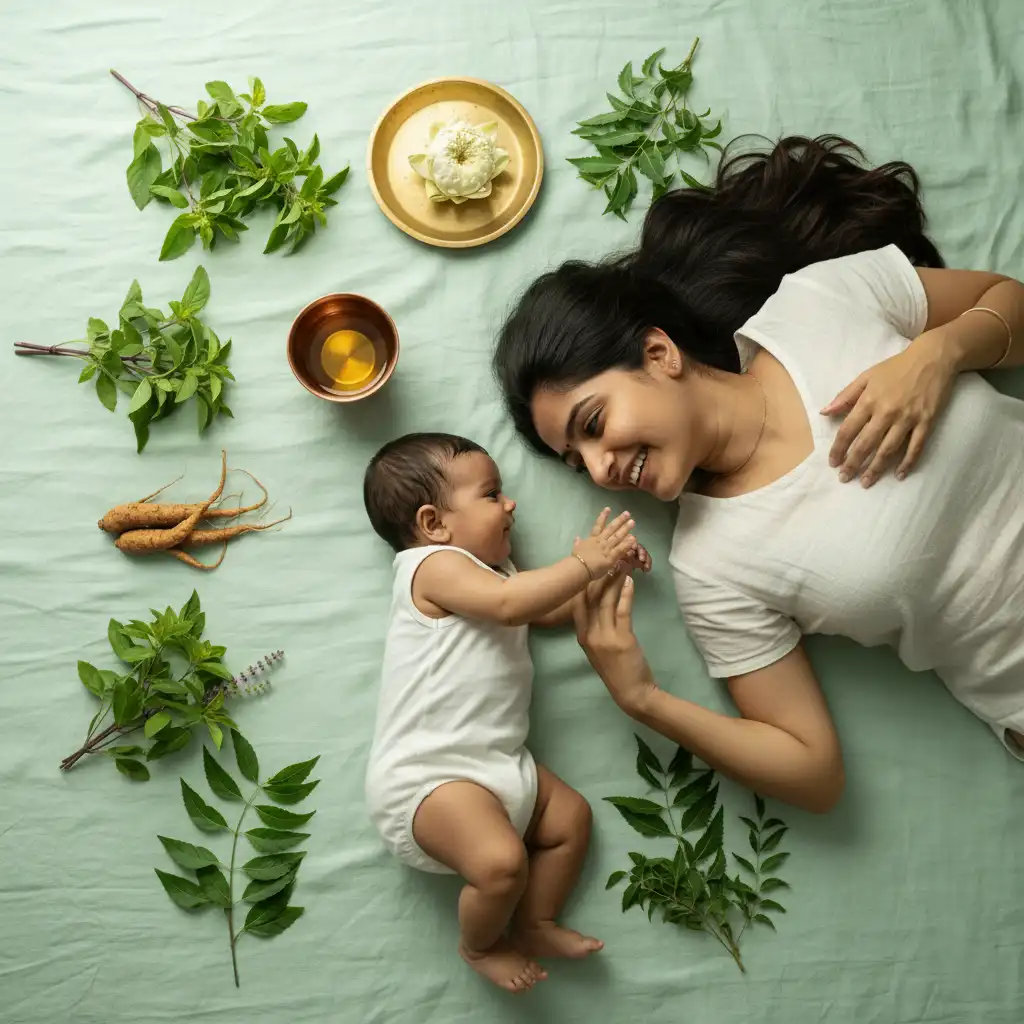 Mother and baby surrounded by Ayurvedic herbs