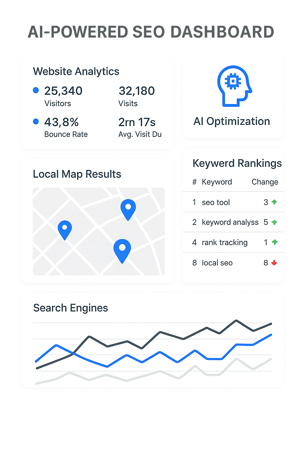 AI-powered SEO dashboard displaying website analytics, local map results, keyword rankings, and search engine performance metrics for enhanced online visibility and local SEO optimization.