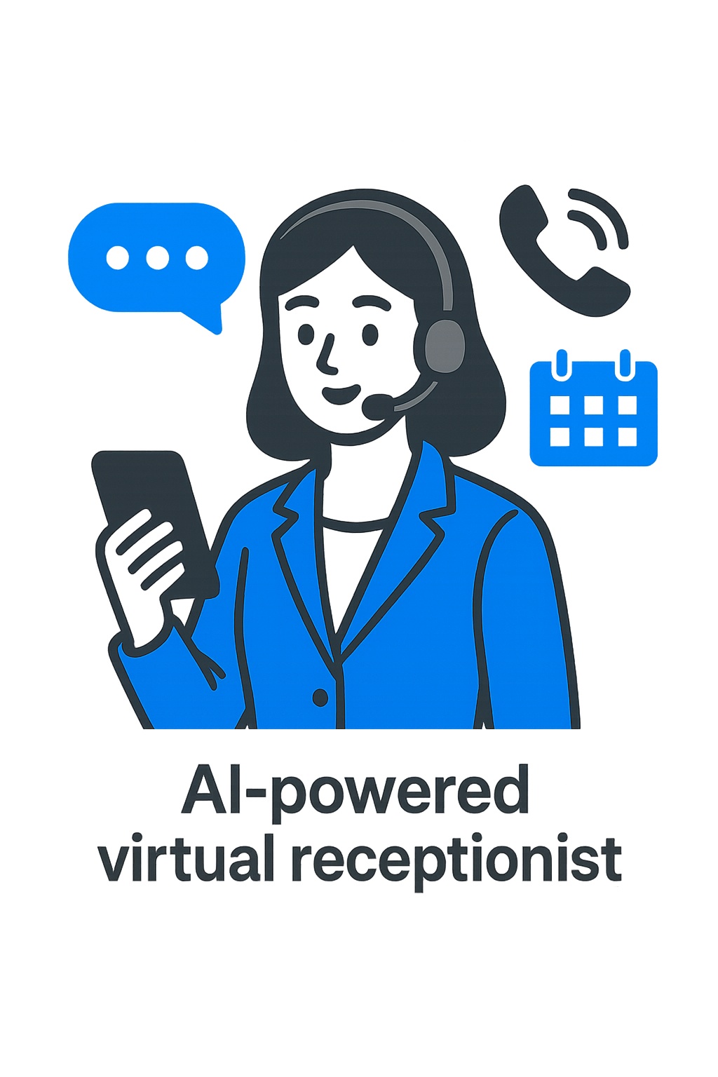 AI-powered virtual receptionist with headset, holding smartphone, surrounded by communication icons including phone, chat, and calendar, emphasizing automated call and appointment management services.