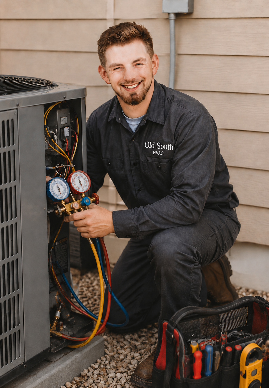 HVAC technician working on AC unit