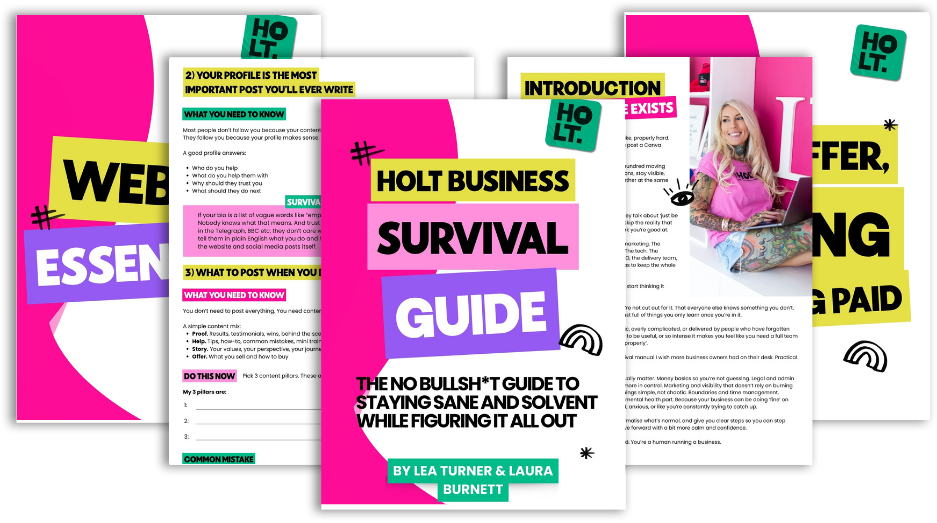 Stack of guide pages showing the cover and chapter openers for Website Essentials, Offer and Getting Paid