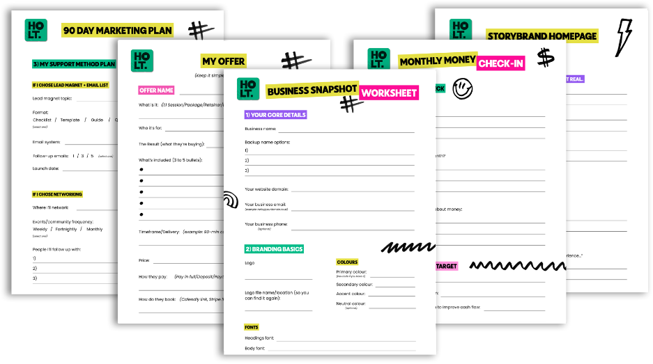 Business Survival Guide worksheets for a 90-day marketing plan, monthly money check-in and StoryBrand homepage