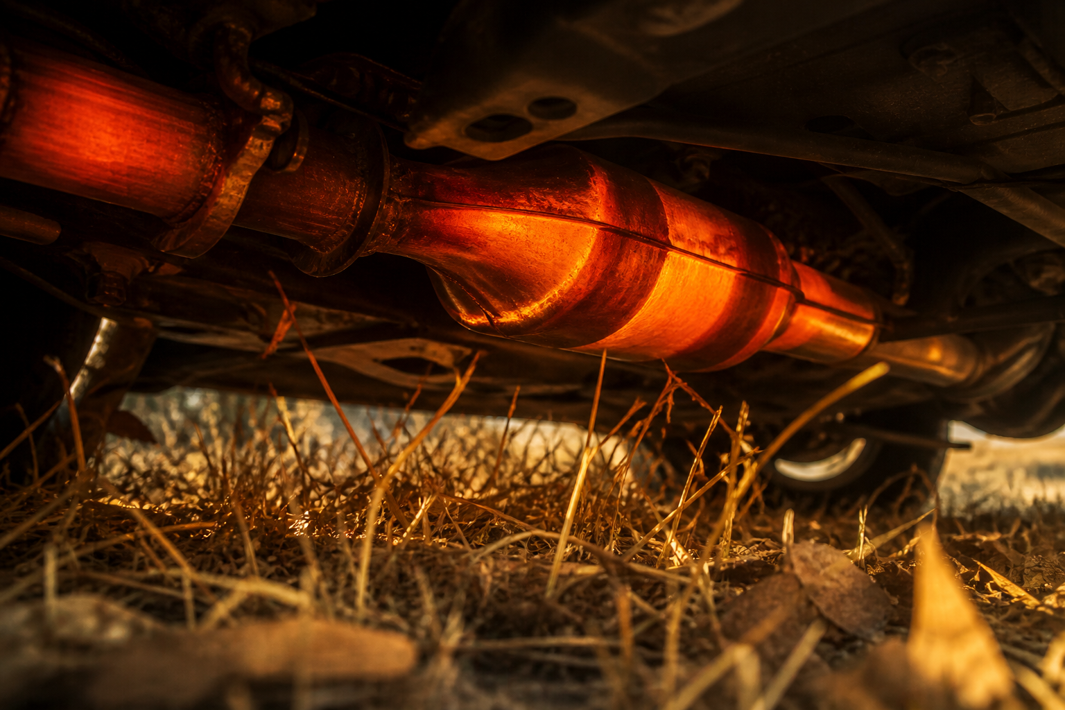 Glowing-hot catalytic converter above dry grass