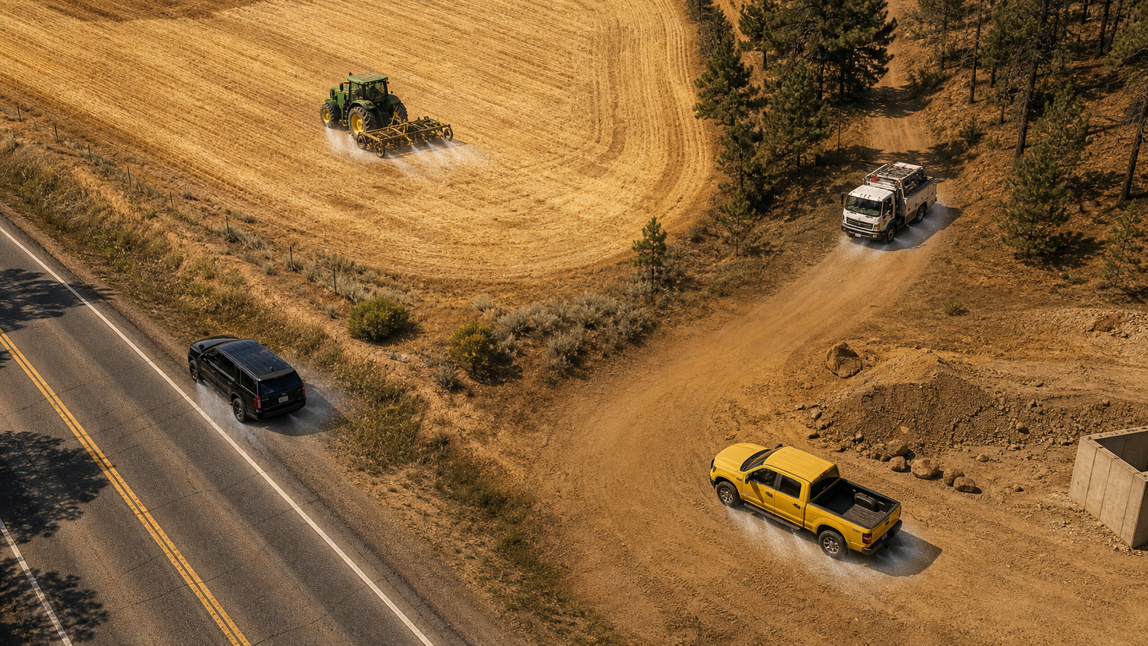 Multiple vehicle types operating in dry-vegetation landscape
