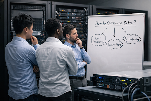 A corporate team brainstorming ideas for outsourcing the best software
