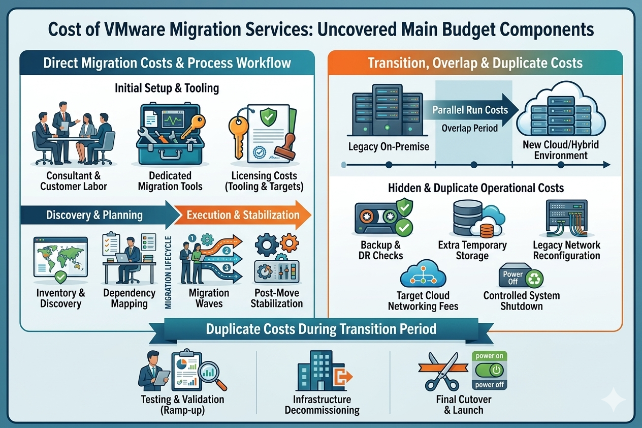 Infographic showing the main budget components of VMware migration services, including engineering effort, migration tools, parallel run costs, testing, and decommissioning.