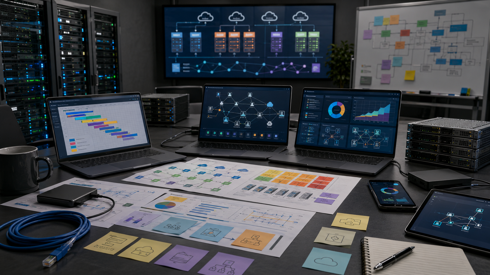 Enterprise migration planning workspace with virtualization hosts, server racks, cloud infrastructure dashboards, network diagrams, phased workload migration charts, and IT hardware.