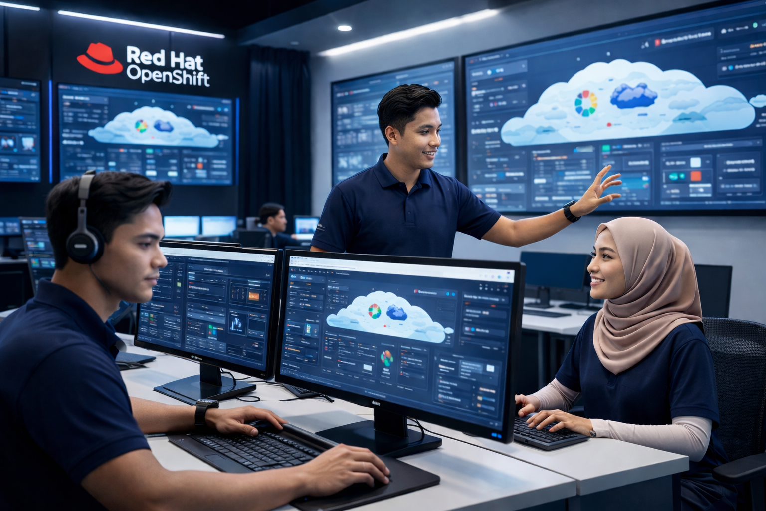 Red Hat OpenShift cloud operations team monitoring enterprise dashboards in a modern data center control room.