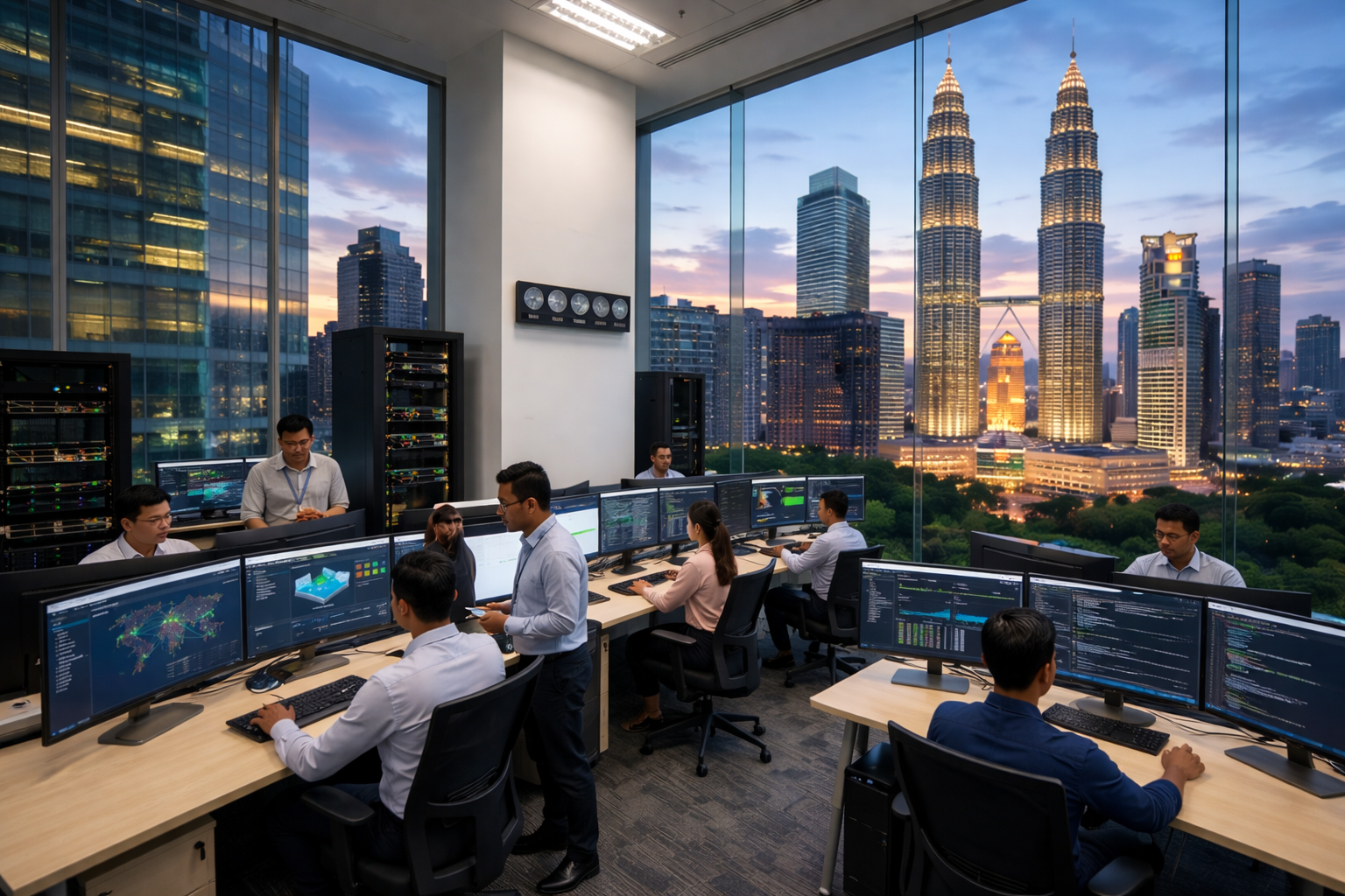 Malaysia enterprise IT operations team monitoring data center infrastructure, cloud systems, and network performance in Kuala Lumpur office.