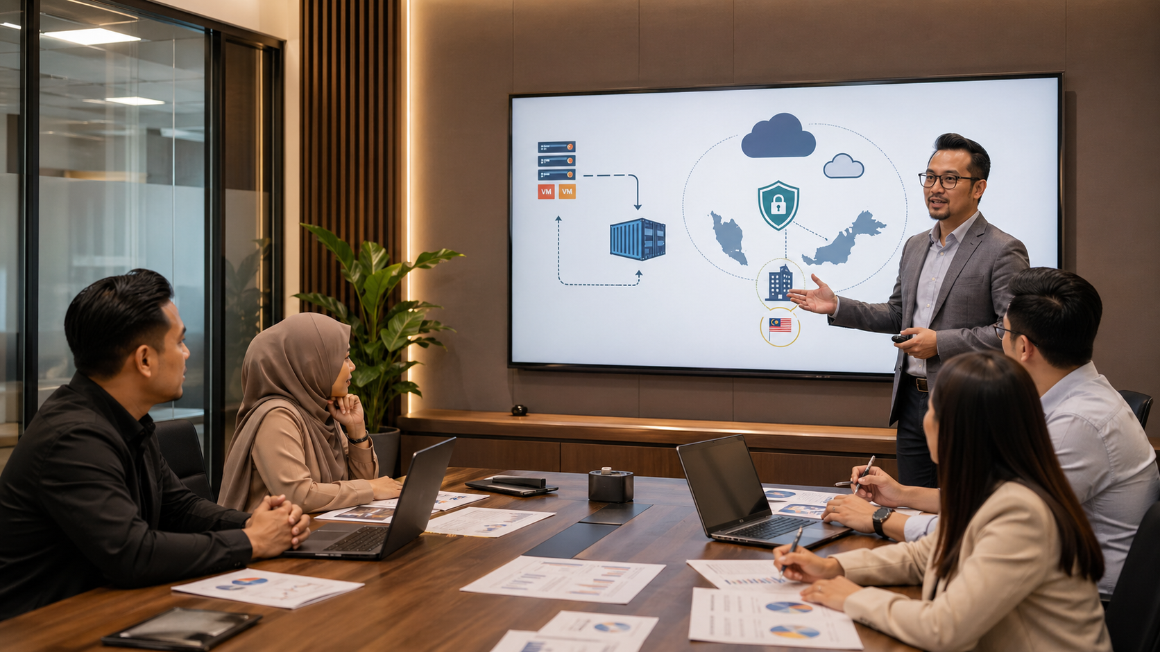 Malaysian technology team reviews a VMware exit strategy with secure data governance and hybrid cloud modernisation plans