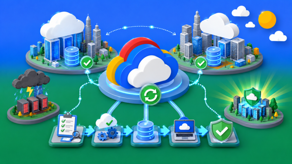 Cloud infrastructure illustration showing connected data centers, recovery workflows, security checks, and resilience testing. Cloud infrastructure illustration showing connected data centers, recovery workflows, security checks, and resilience testing.