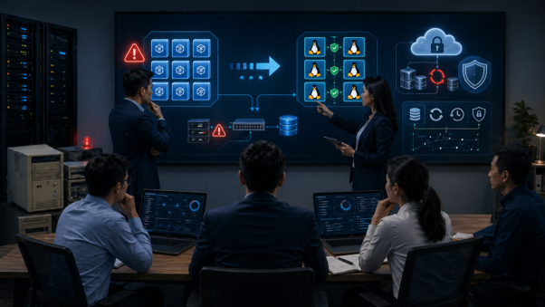 IT team reviewing VMware to KVM migration risks, including workload validation, backup recovery, rollback planning, security, and support readiness IT team reviewing VMware to KVM migration risks, including workload validation, backup recovery, rollback planning, security, and support readiness