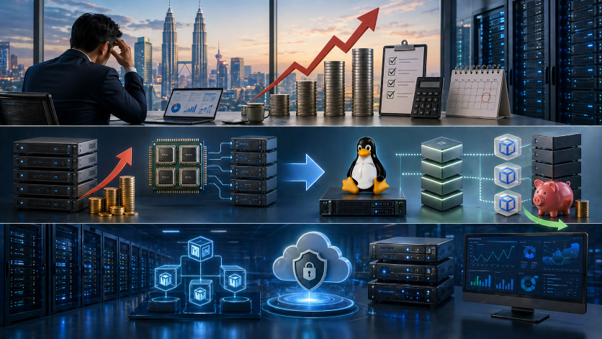 Corporate technology illustration showing Malaysian organisations evaluating virtualization platform options amid changing infrastructure and licensing costs. Corporate technology illustration showing Malaysian organisations evaluating virtualization platform options amid changing infrastructure and licensing costs.