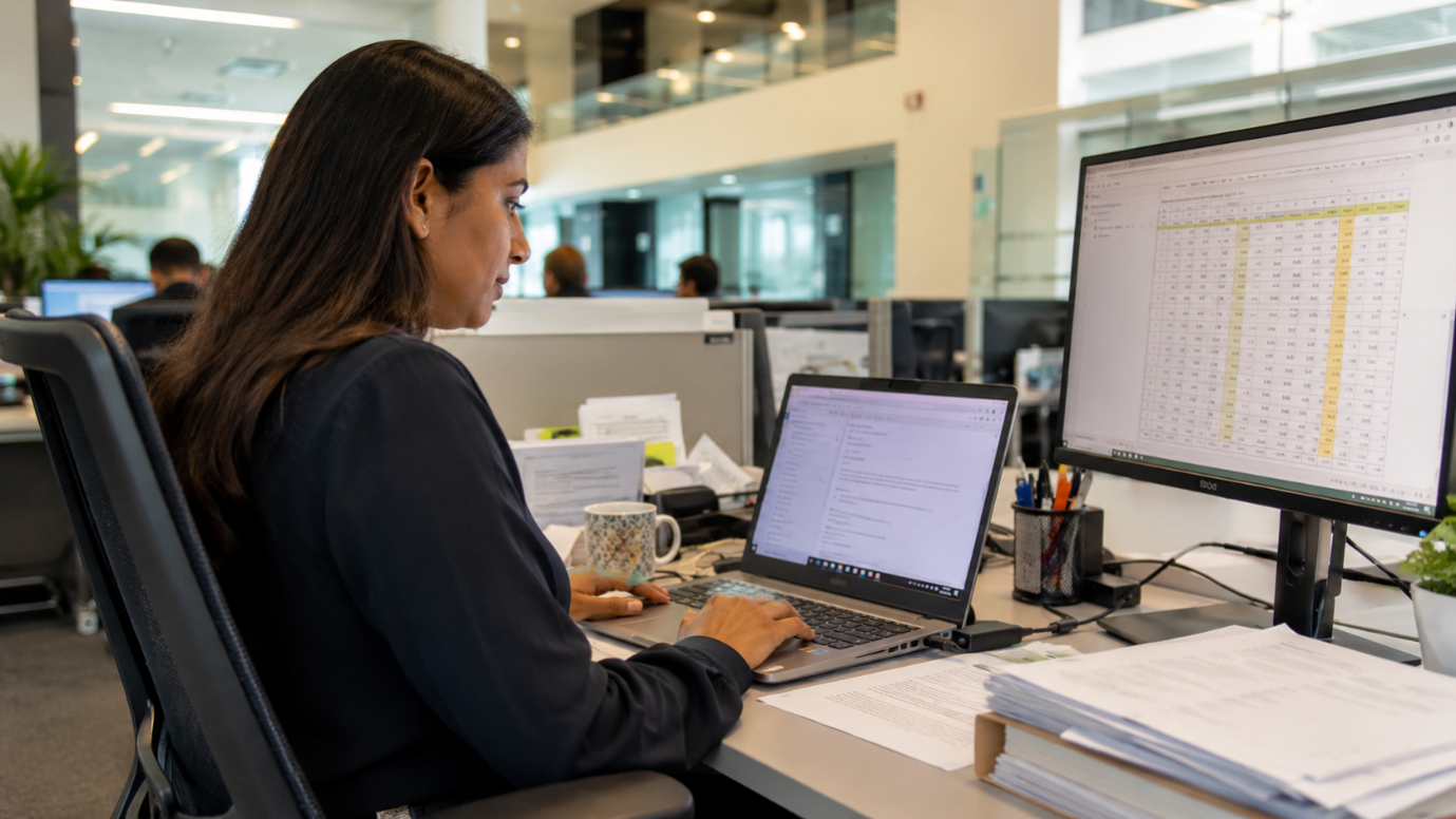 A focused compliance officer works at a desk in her office, reviewing documents and spreadsheet data on dual screens in a bright open-plan workspace A focused compliance officer works at a desk in her office, reviewing documents and spreadsheet data on dual screens in a bright open-plan workspace