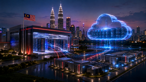 Malaysia hybrid cloud infrastructure, showing a modern data centre campus in Kuala Lumpur connected by glowing data streams to a cloud system across the city Malaysia hybrid cloud infrastructure, showing a modern data centre campus in Kuala Lumpur connected by glowing data streams to a cloud system across the city